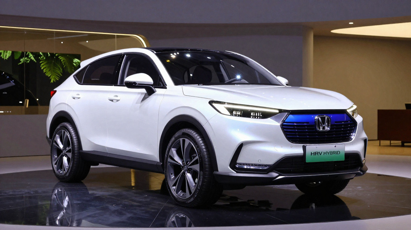Automóvel branco Honda HR-V Hybrid em exposição, com design moderno e iluminação ambiente.