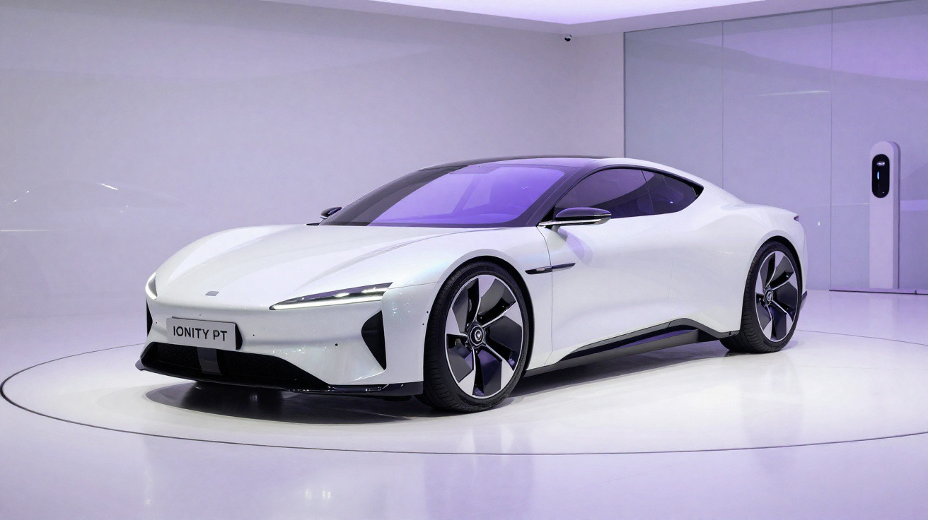 Carro elétrico desportivo branco futurista em exposição numa sala com paredes brancas e superfície brilhante.
