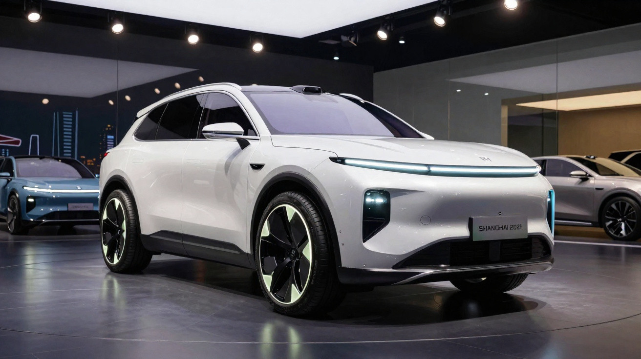 Carro elétrico branco futurista exposto num salão automóvel moderno com iluminação elegante.