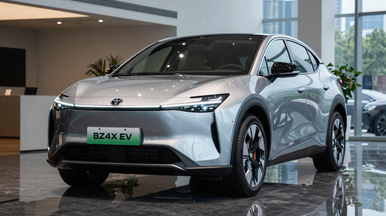 Carro elétrico Toyota BZ4X EV cinzento estacionado em interior moderno com janelas grandes.