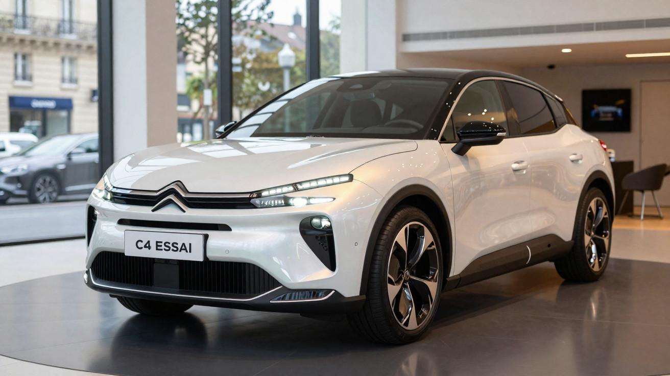 Automóvel Citroën C4 branco exposto numa sala de exposição com janelas amplas.
