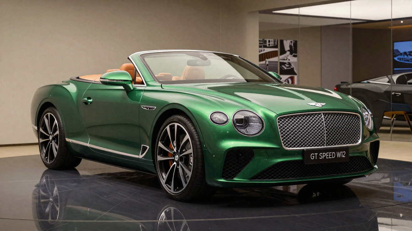 Carro desportivo conversível Bentley verde GT Speed W12 em exposição interior com interior castanho.