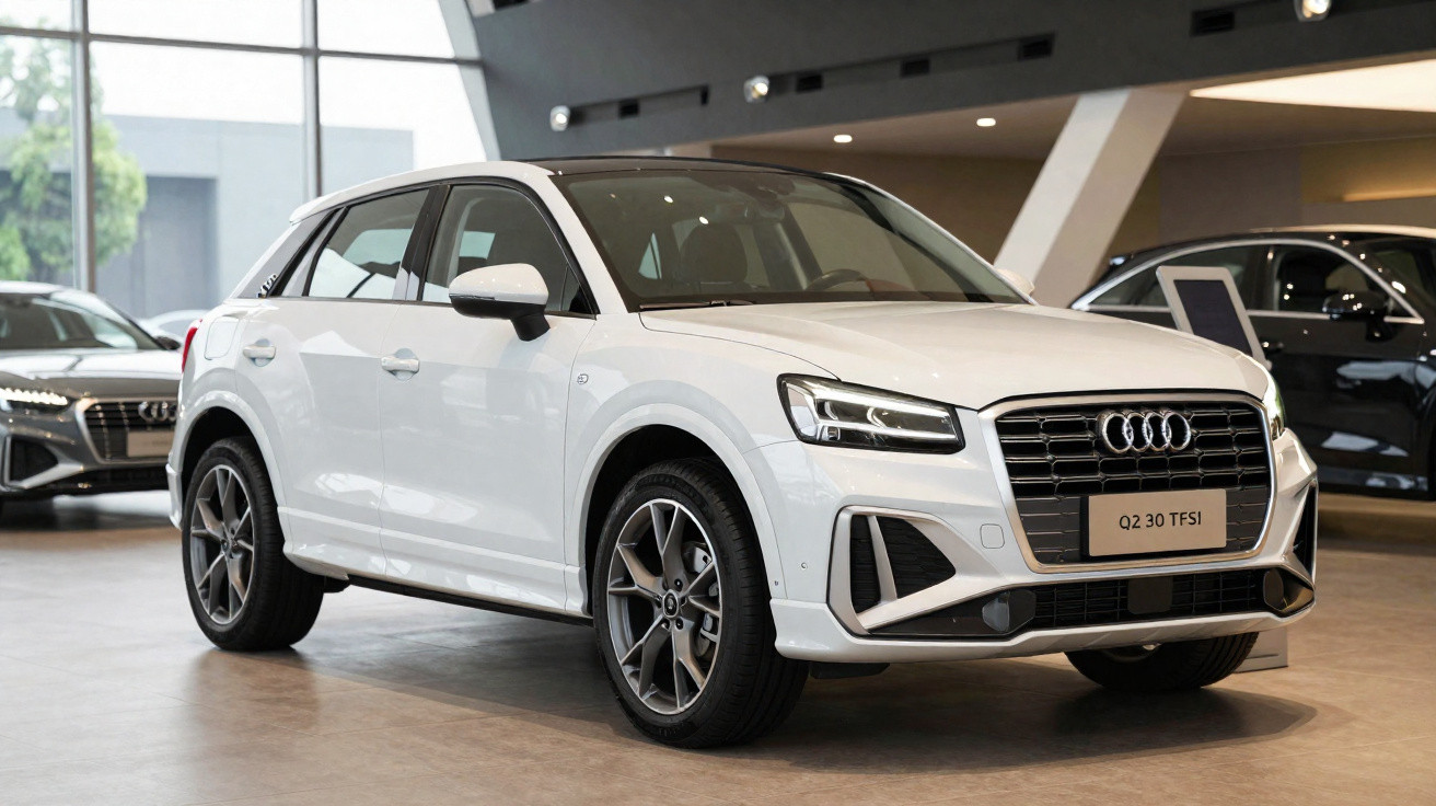 Audi Q2 branco estacionado numa exposição indoor com outro carro ao fundo.