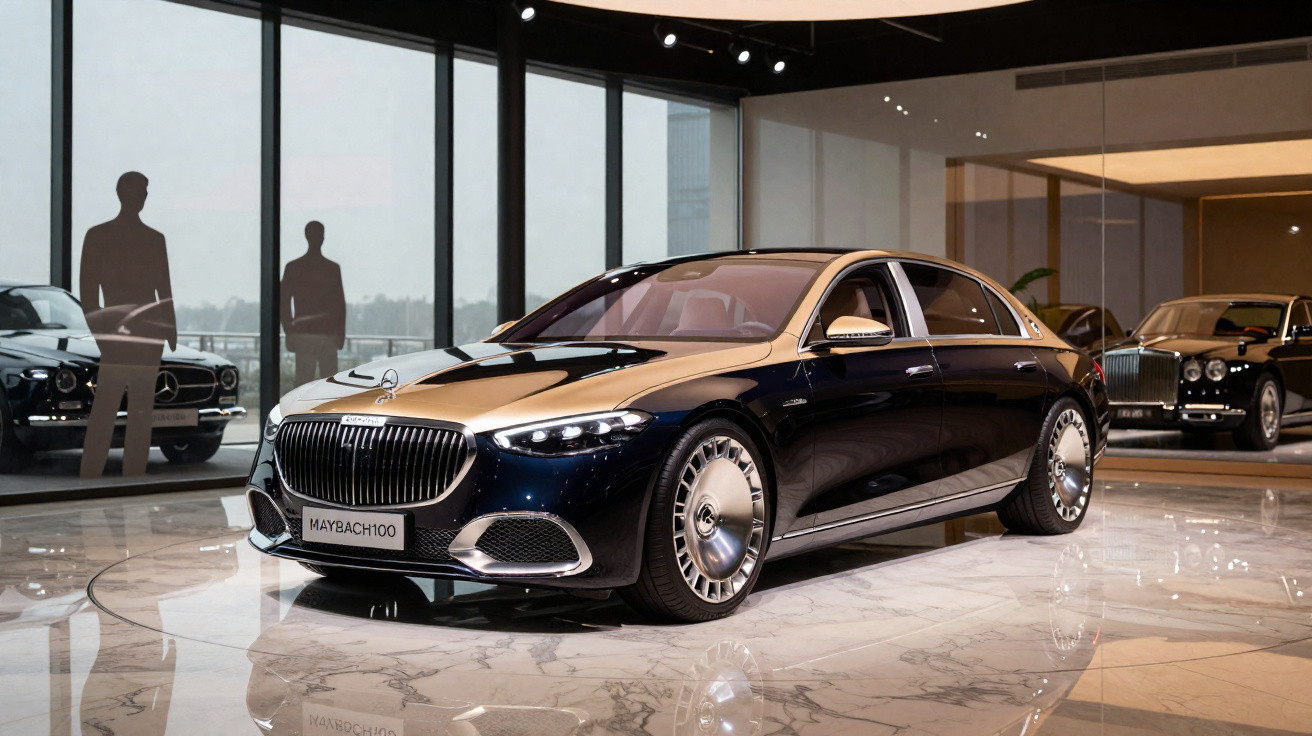 Automóvel de luxo Mercedes-Maybach 100 preto exposto num showroom moderno com piso de mármore.