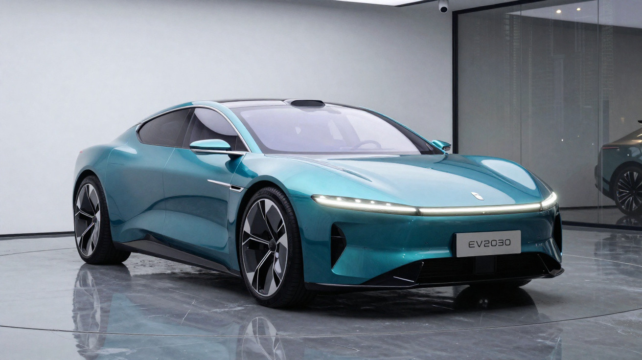 Carro elétrico desportivo azul turquesa EV2030 estacionado em ambiente moderno e minimalista.