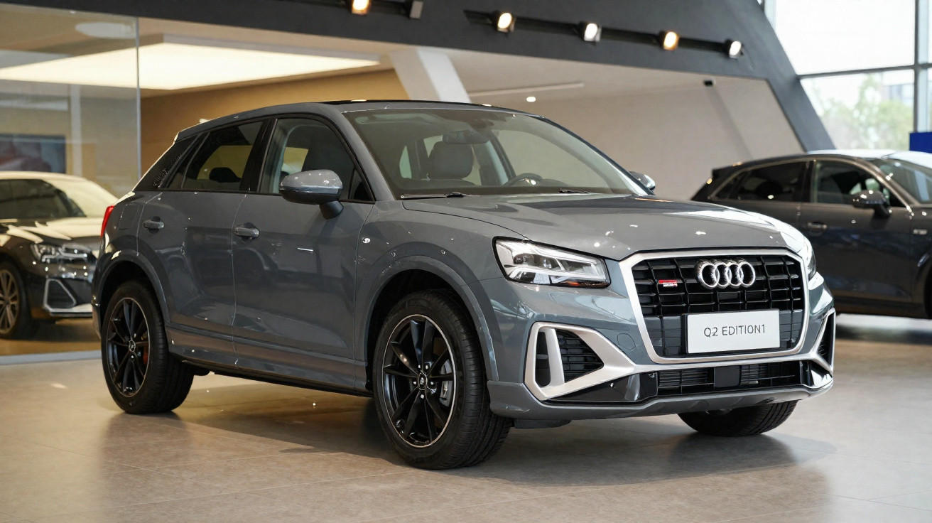 Audi Q2 Edition1 cinzento exposto numa sala de showroom com luz natural e outros carros ao fundo.