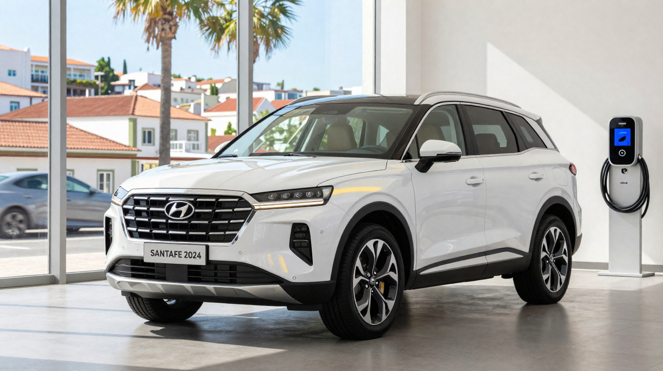 SUV branco Hyundai Santafe 2024 estacionado em espaço interior com carregador elétrico ao lado.