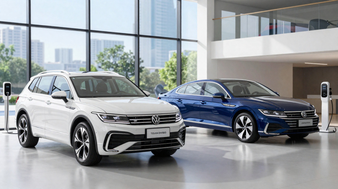 Dois carros elétricos Volkswagen, um branco e um azul, expostos em sala moderna com grandes janelas e postes de carregamento.