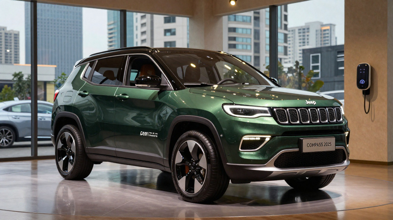 Viatura Jeep Compass 2025 verde escuro em exposição numa sala moderna com janelas grandes e vista urbana.
