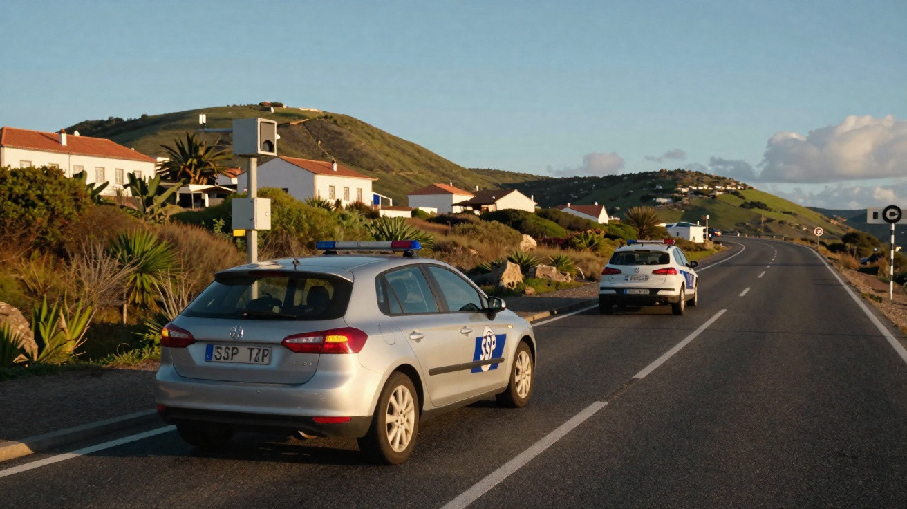 Dois carros da polícia em estrada costeira com casas brancas e colinas verdes ao pôr do sol.