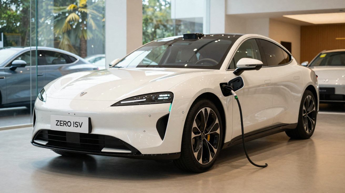Carro eléctrico branco a carregar numa sala de exposição com janelas amplas e luz natural.