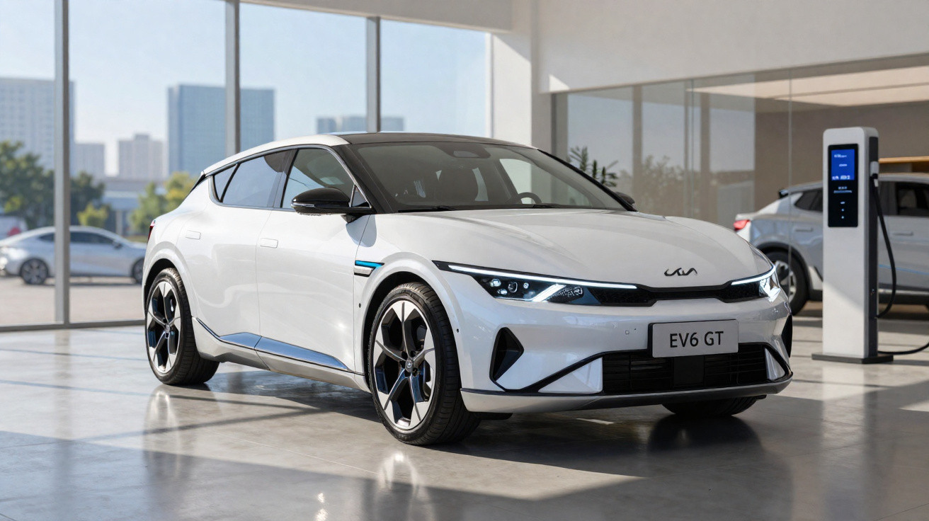 Carro elétrico branco Kia EV6 GT estacionado num showroom moderno com chão refletor e zona de carregamento.