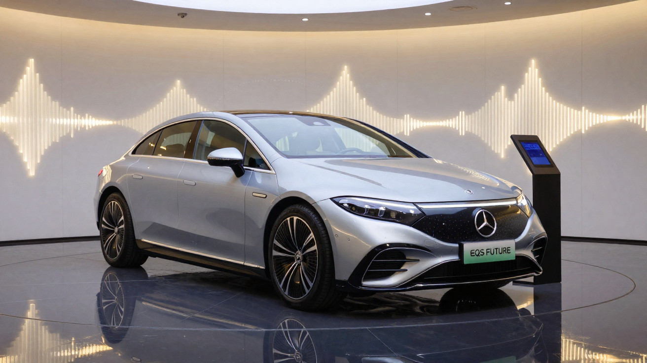 Carro elétrico Mercedes EQS Future prata num showroom com iluminação moderna e reflexo no chão brilhante.