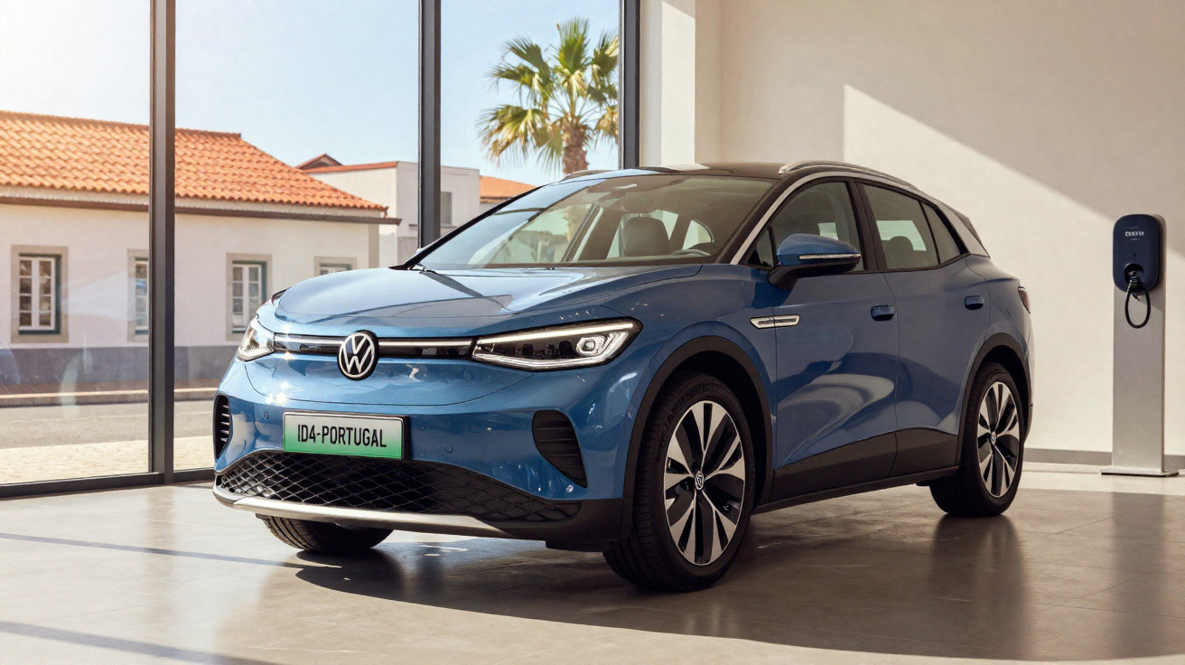 Carro elétrico azul Volkswagen ID.4 estacionado em showroom moderno com carregador na parede.
