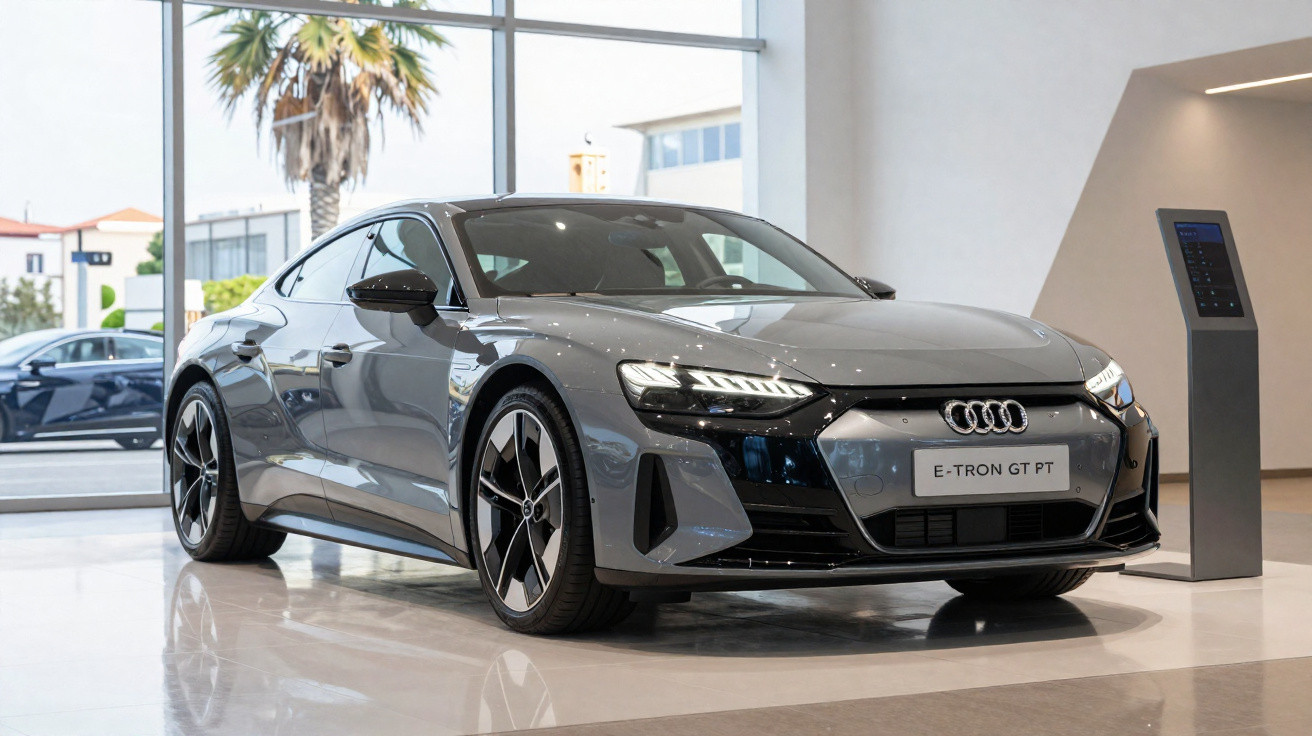 Carro elétrico Audi E-Tron GT cinza estacionado em exposição dentro de uma loja moderna.