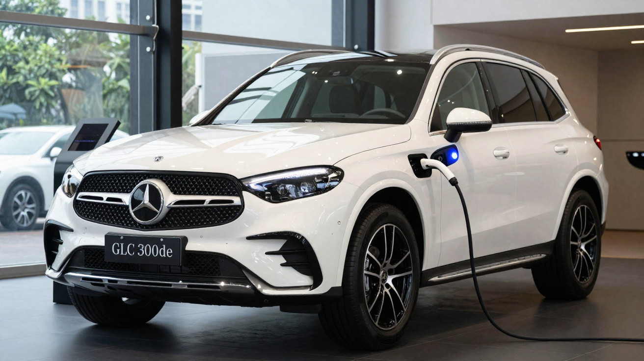 Carro elétrico Mercedes-Benz GLC 300de branco a carregar numa estação dentro de uma garagem moderna.