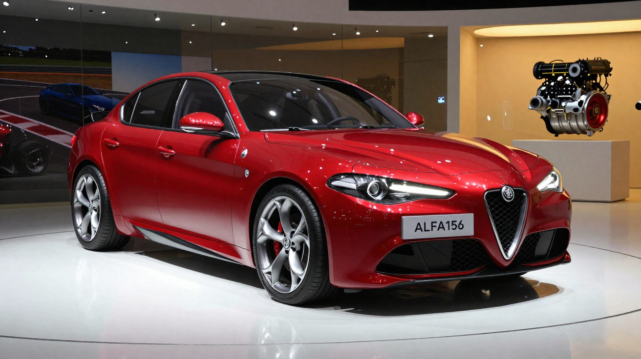 Carro desportivo vermelho Alfa Romeo Alfa 156 exposto em salão com motor visível ao fundo.