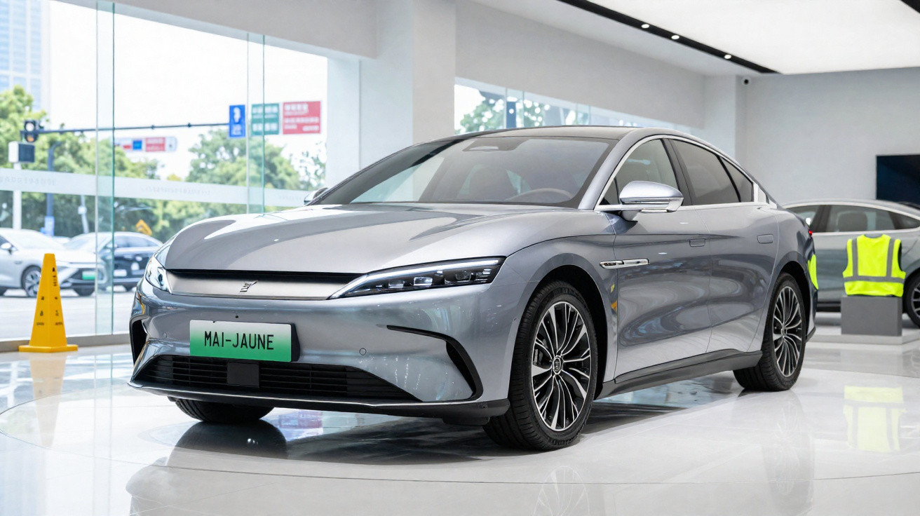 Carro elétrico cinza moderno em exposição numa sala com piso brilhante e grandes janelas.