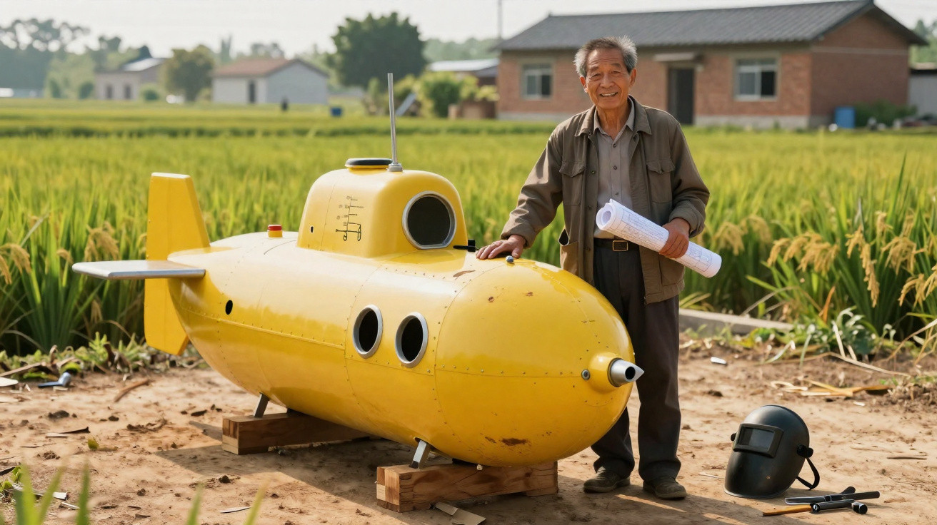 Homem asiático com plantas em mãos ao lado de um mini-submarino amarelo num campo agrícola.