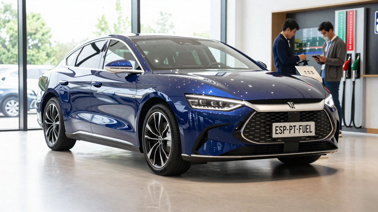 Carro eléctrico azul brilhante estacionado numa sala de exposição moderna com duas pessoas ao fundo.