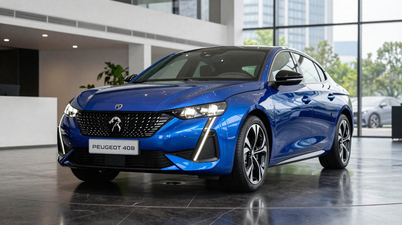 Peugeot 408 azul estacionado em showroom moderno com grande janela e piso refletivo.