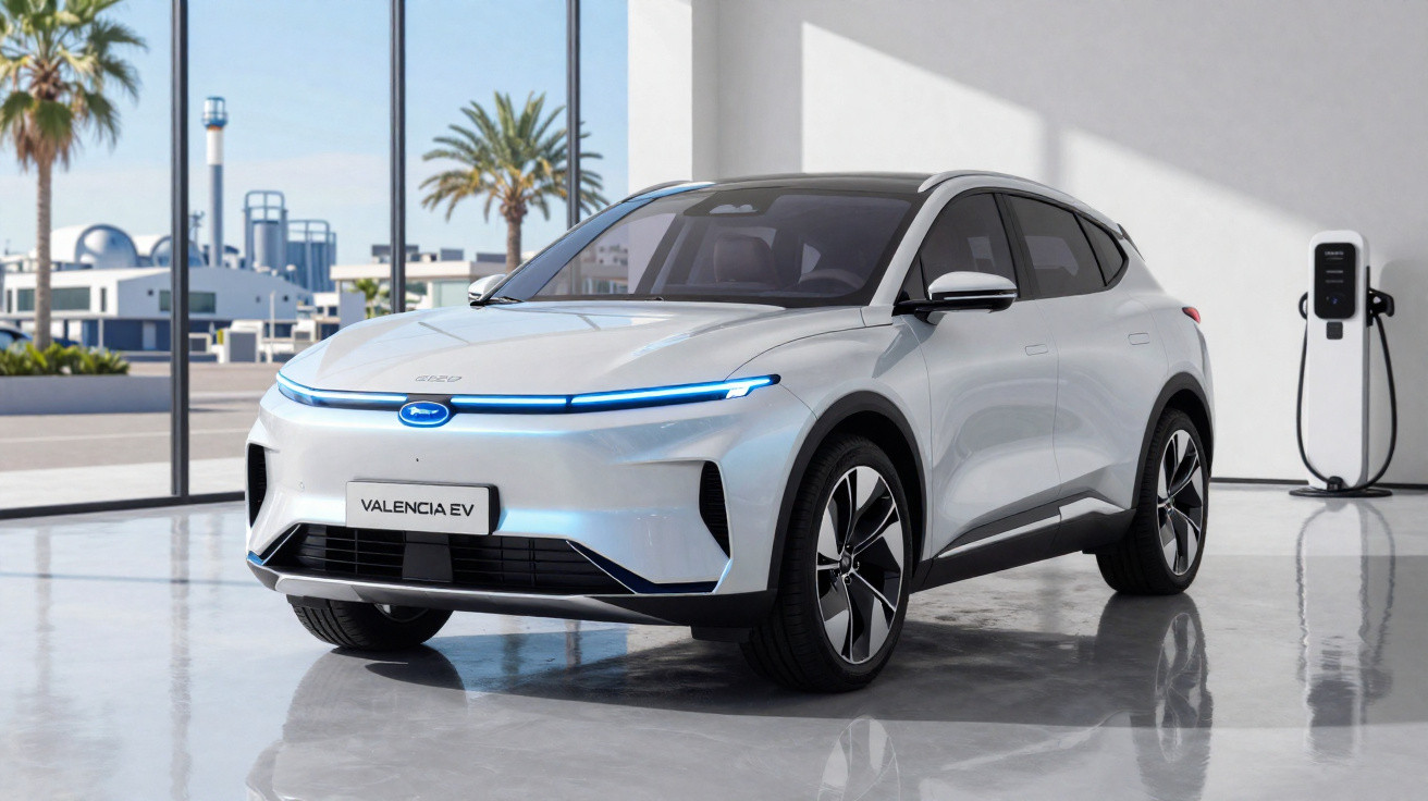 Carro elétrico branco Valencia EV estacionado numa garagem moderna com carregador elétrico ao lado.