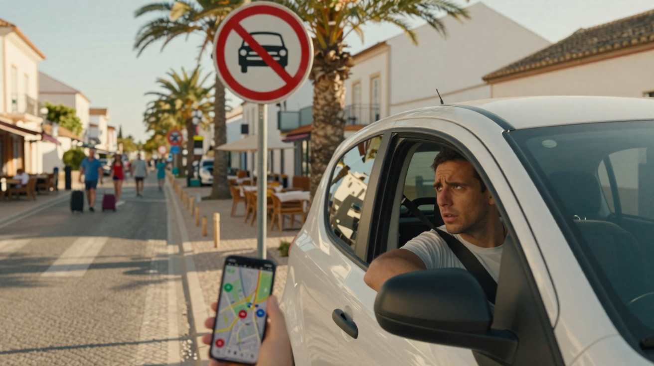 Homem num carro branco olha confuso para sinal de proibição de entrada de veículos numa rua pedonal.