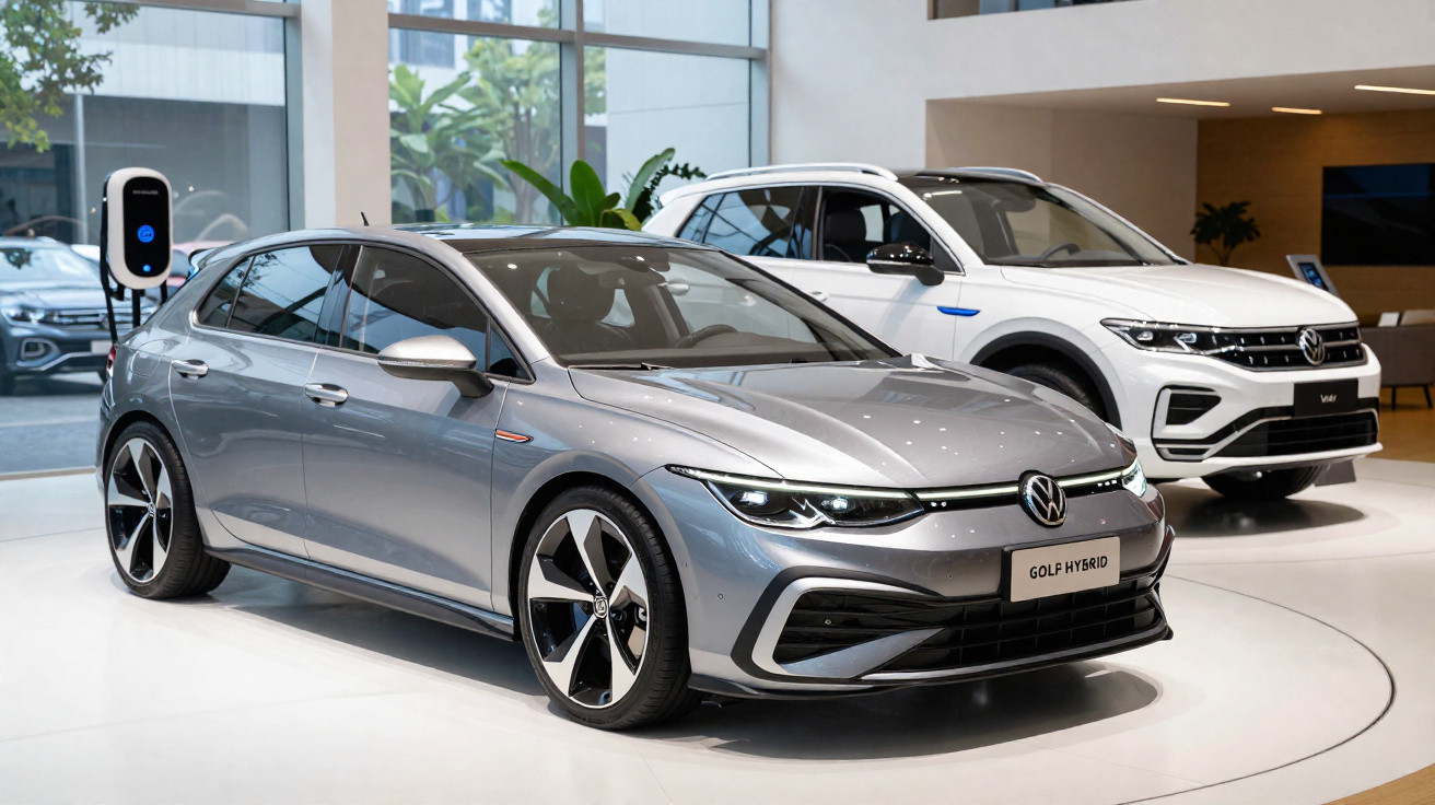 Dois carros Volkswagen novos, um Golf híbrido cinzento em destaque e um VW branco atrás, em exposição num salão.
