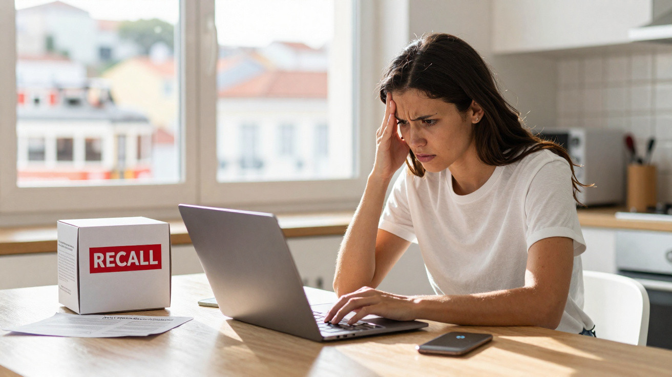 Mulher preocupada a usar computador portátil numa cozinha, com caixa rotulada "RECALL" sobre a mesa.