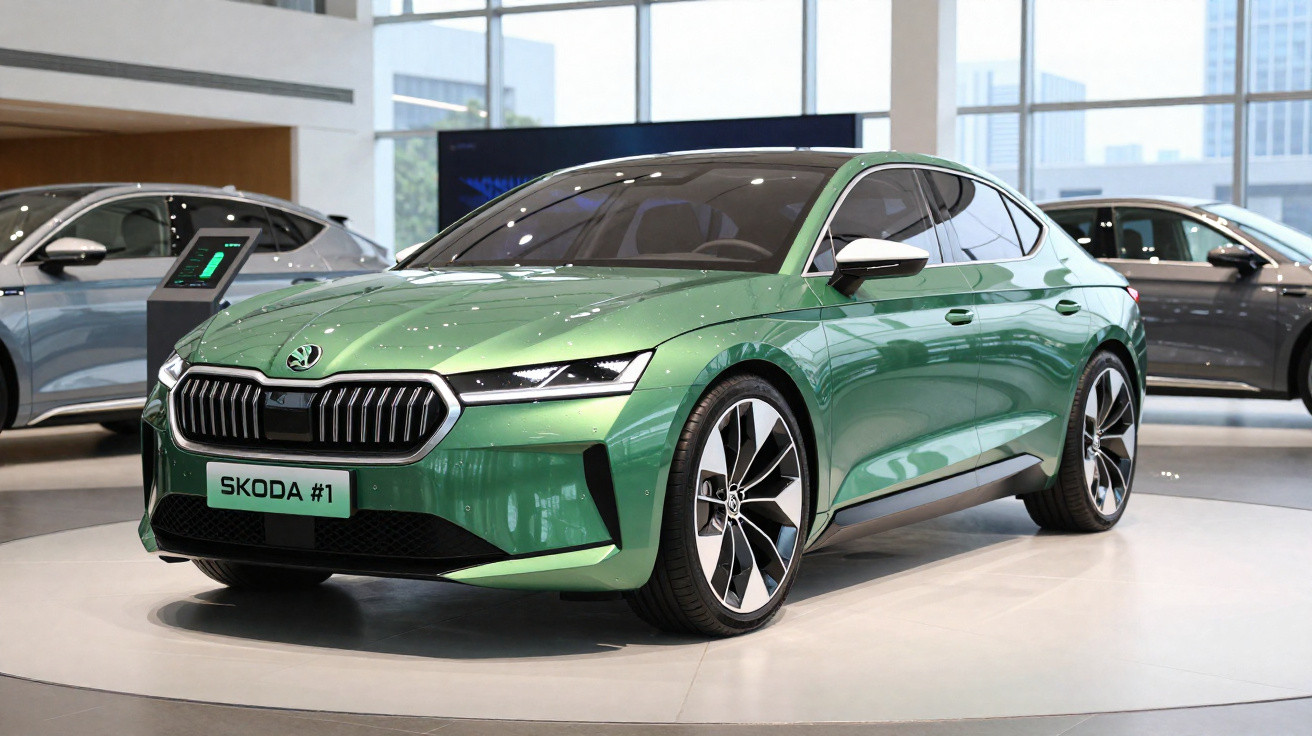Carro elétrico verde Skoda #1 exposto em sala de showroom moderna com janelas amplas.