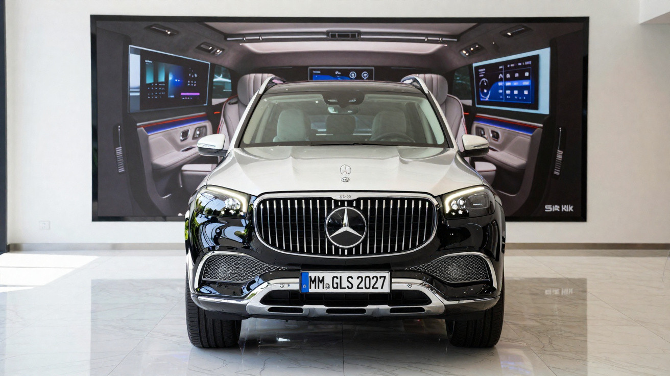 Mercedes-Benz GLS preto e branco estacionado dentro de edifício, com grande painel digital de automóvel ao fundo.
