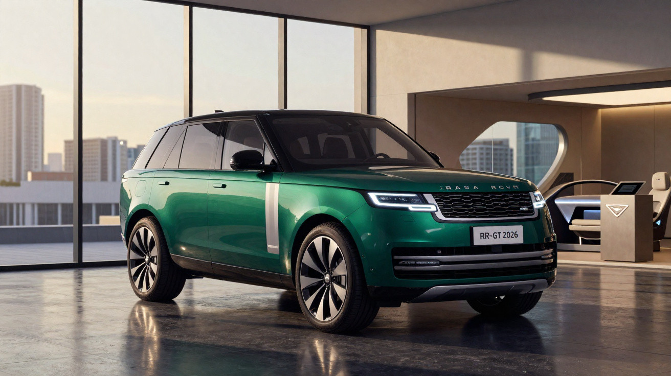 SUV Range Rover verde metálico estacionado em espaço interior moderno com grandes janelas.