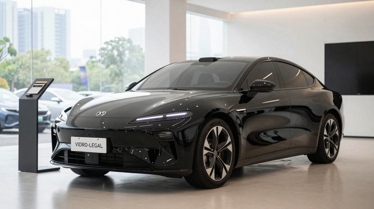Carro elétrico preto com design moderno exposto em showroom iluminado com janelas grandes.
