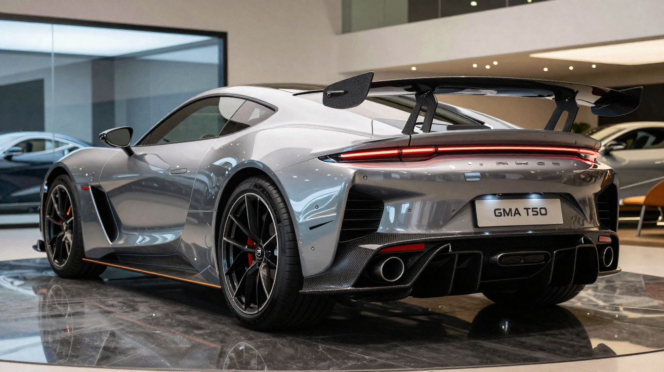 Carro desportivo cinza metálico GMA T50 em exposição, vista traseira com spoiler e detalhes em carbono.