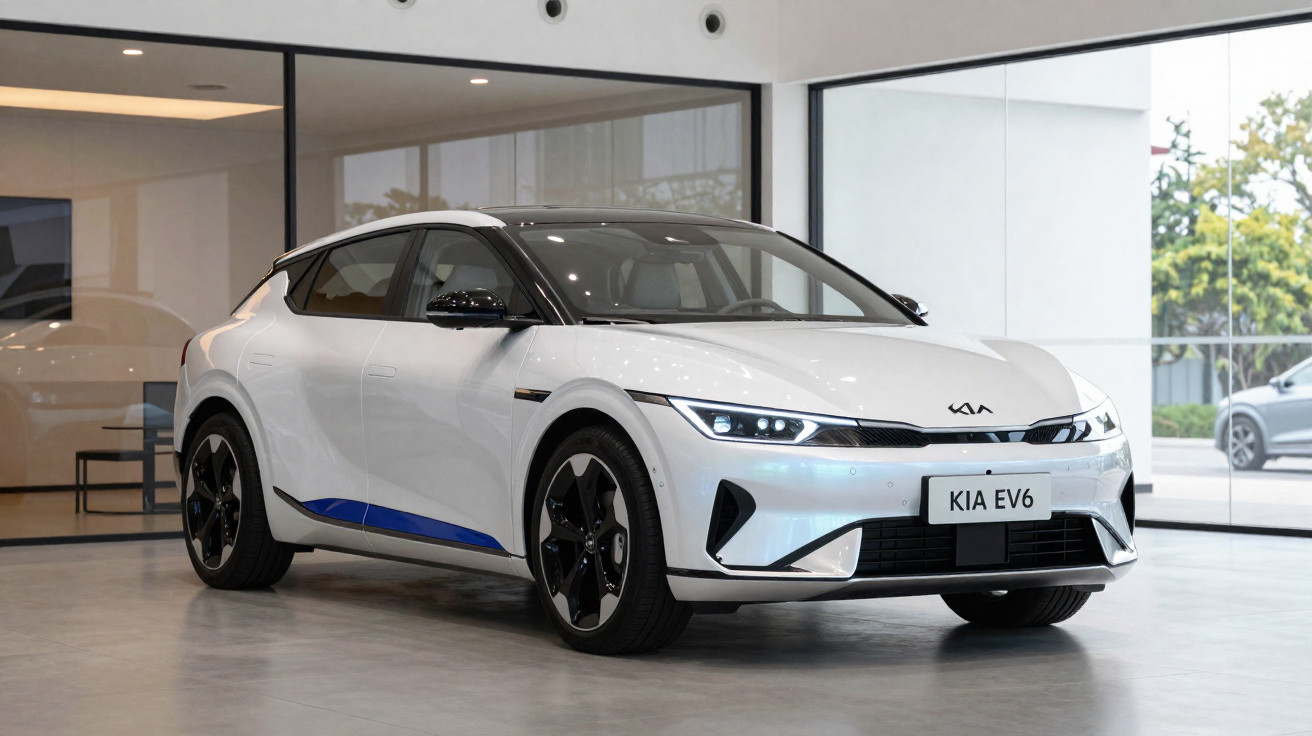 Carro elétrico branco Kia EV6 estacionado num espaço interior moderno com chão em cimento polido.