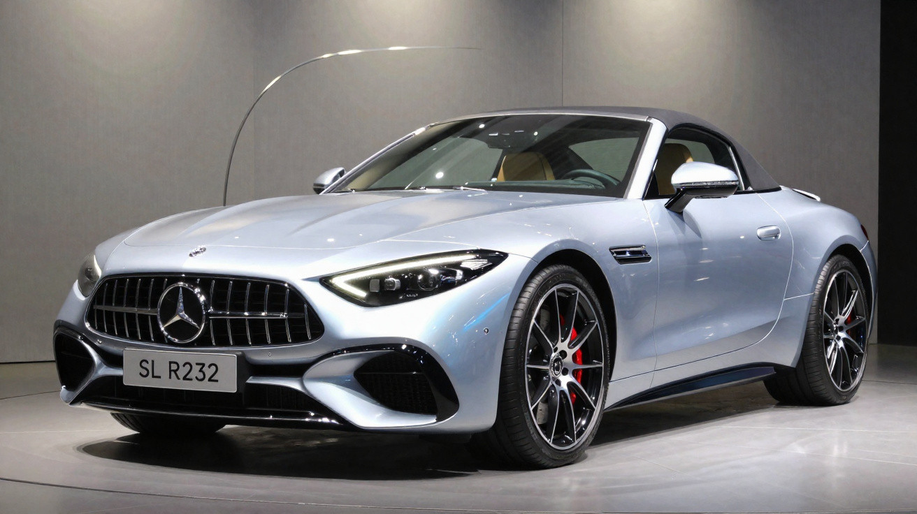 Carro desportivo Mercedes-Benz SL R232 prata estacionado em ambiente interior com teto preto.