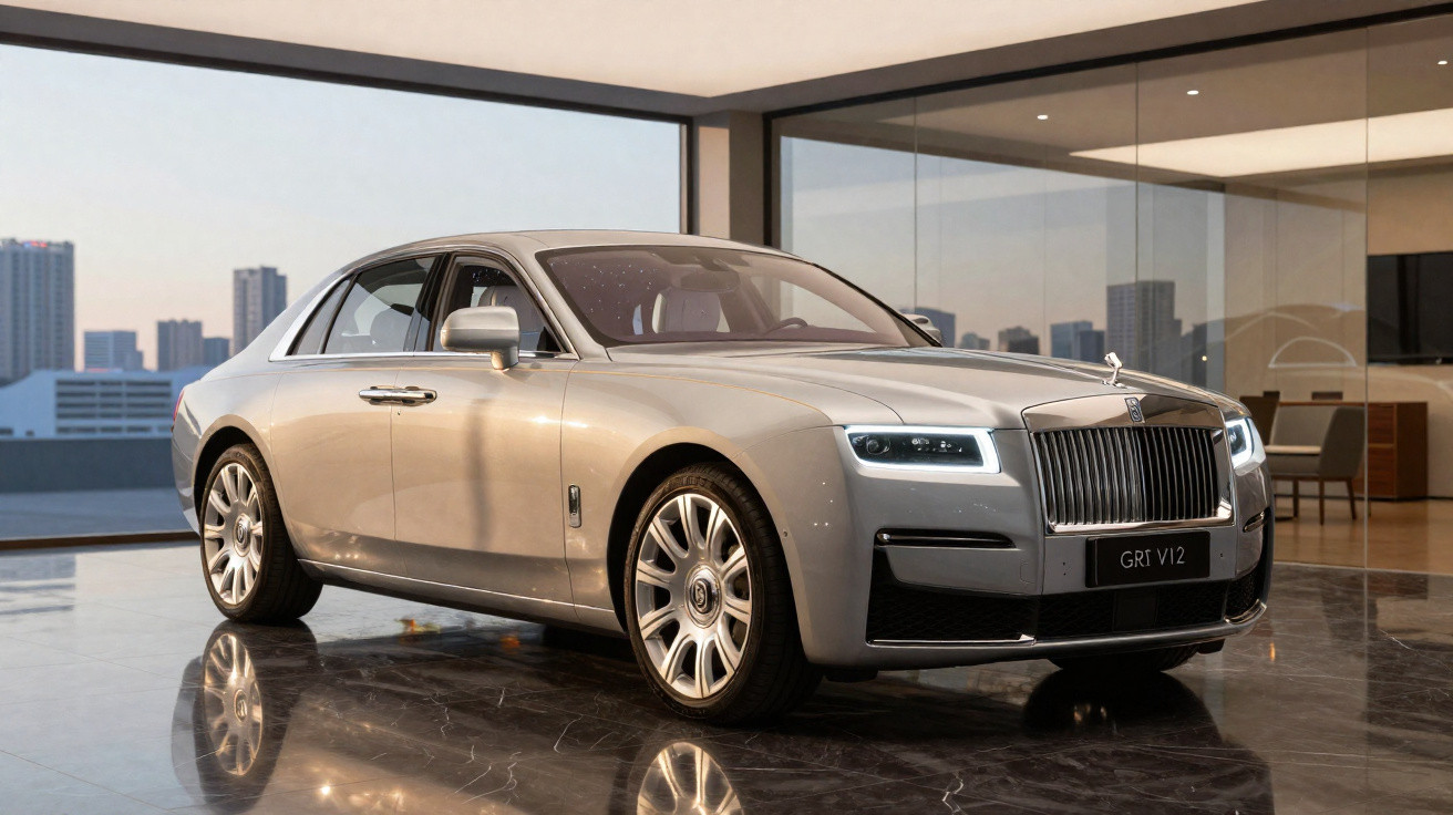 Carro de luxo Rolls-Royce cinza estacionado em showroom moderno com janelas amplas e vista para a cidade.