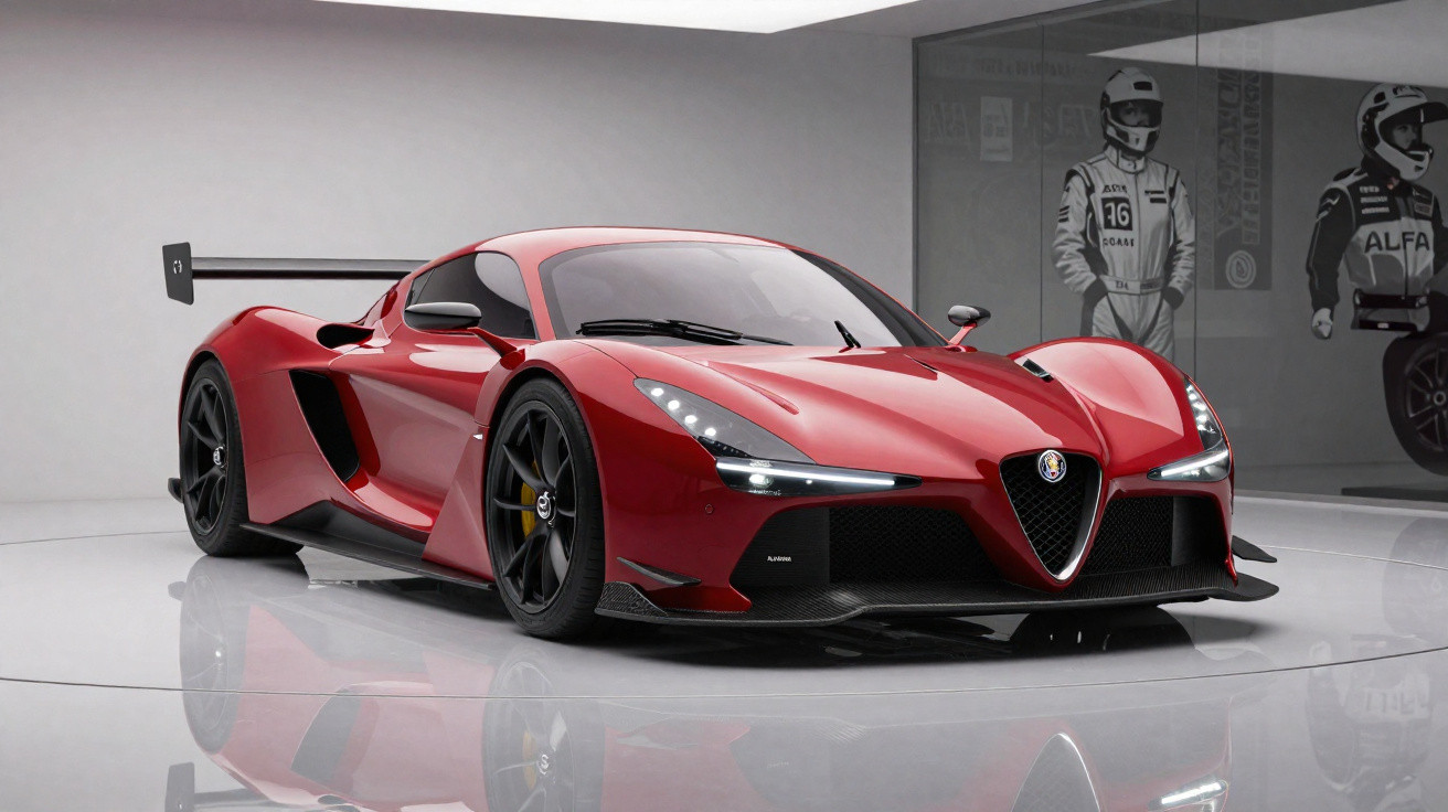 Carro desportivo vermelho Alfa Romeo com design aerodinâmico exposto em sala minimalista.