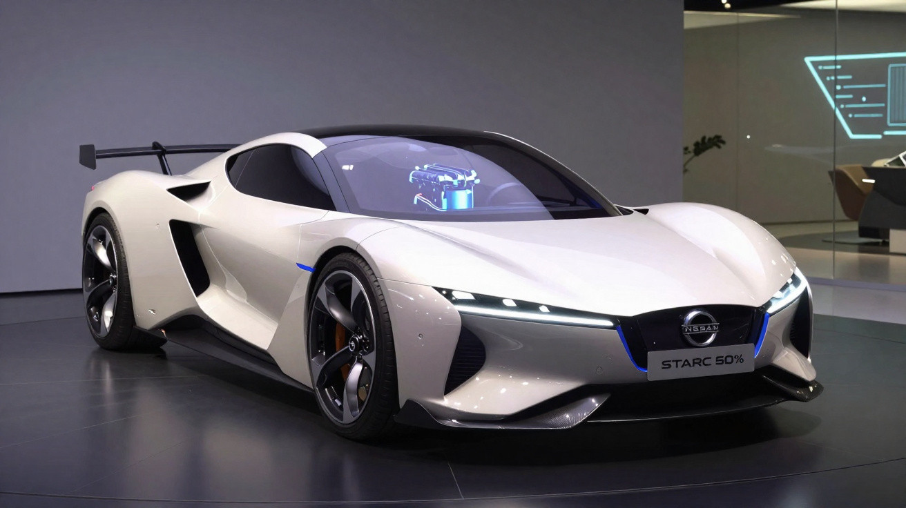 Carro desportivo branco futurista Nissan Starc 50% exposto em ambiente moderno e minimalista.