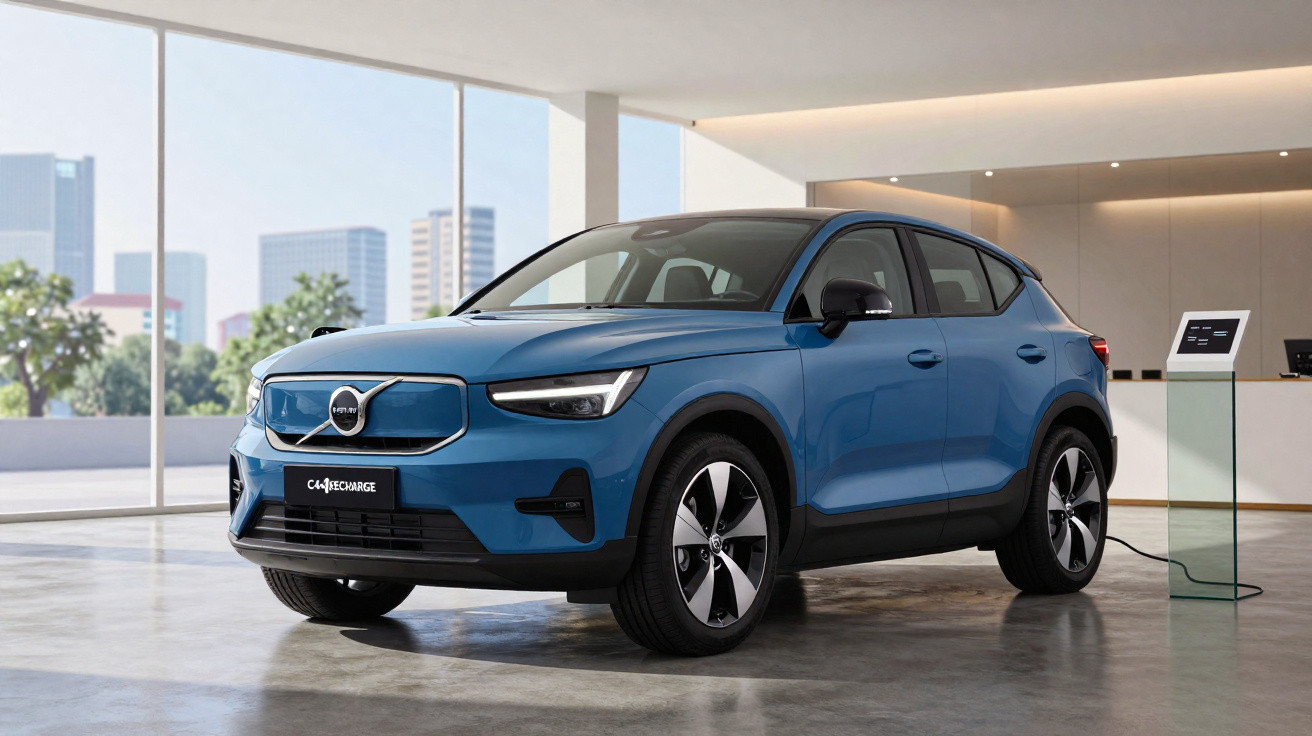 Carro elétrico Volvo XC40 Recharge azul estacionado em salão moderno com parede de vidro e cidade ao fundo.