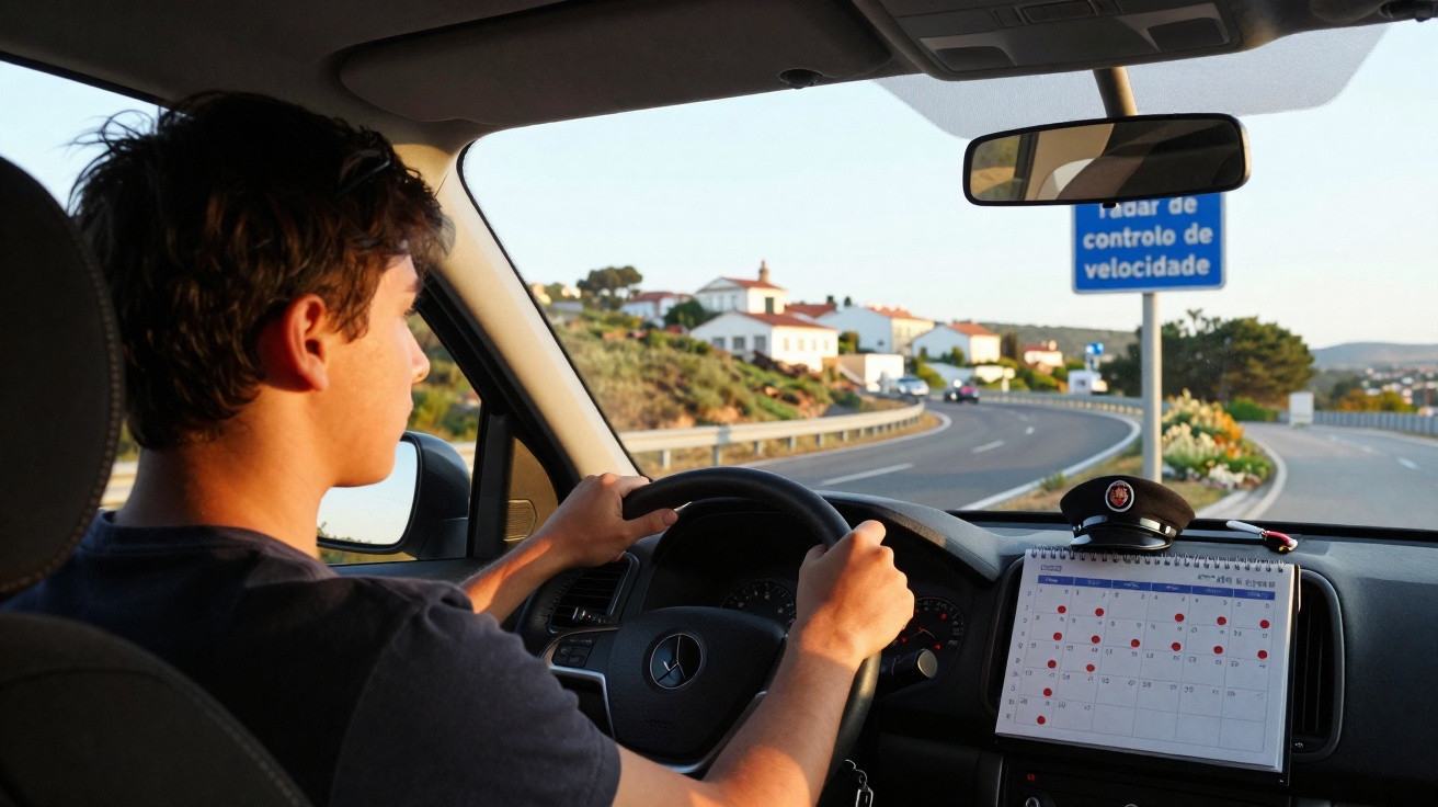 Homem conduzindo carro com calendário e sinal de radar de controle de velocidade visível na estrada.