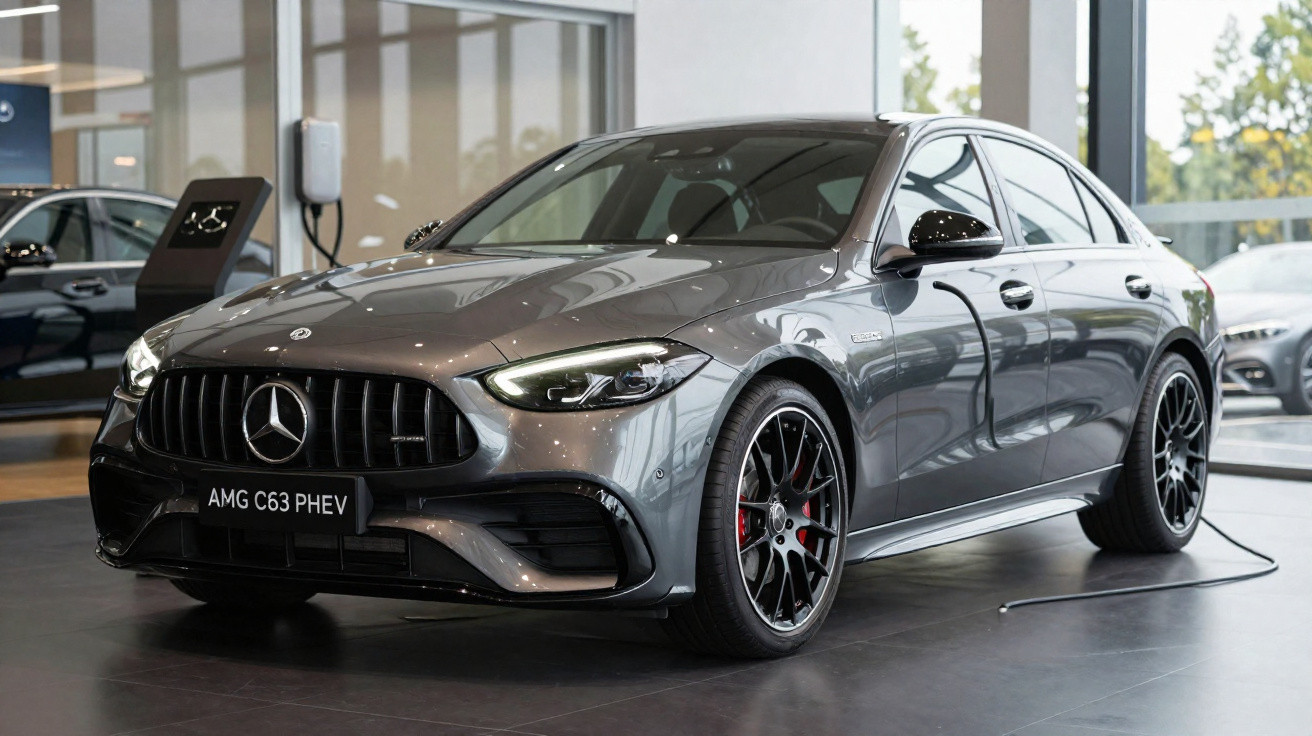 Carro Mercedes AMG C63 PHEV cinzento exposto em salão, carregando bateria elétrica.