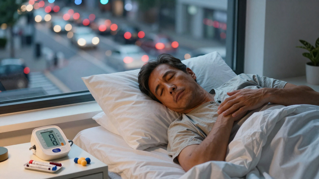 Homem a dormir numa cama junto a janela, com aparelho de medição de pressão arterial numa mesa ao lado.