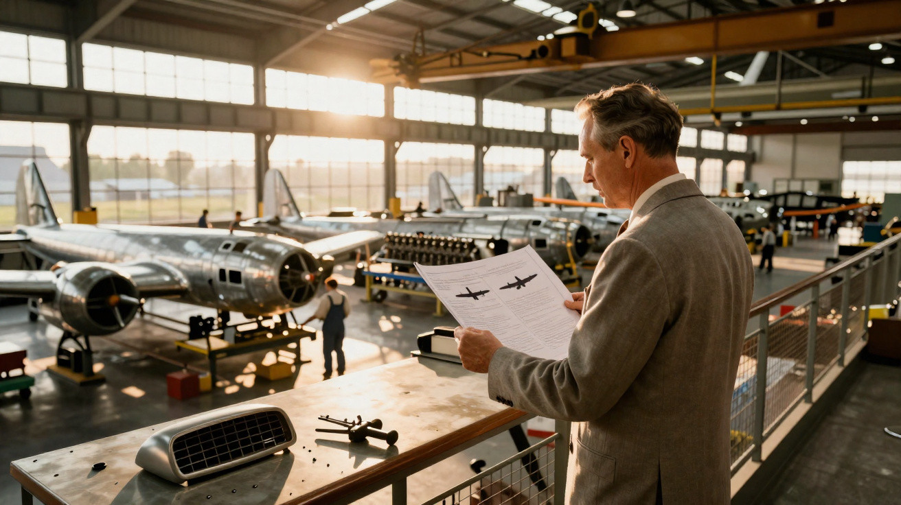 Homem de fato a analisar plantas técnicas num hangar com aviões militares em manutenção.