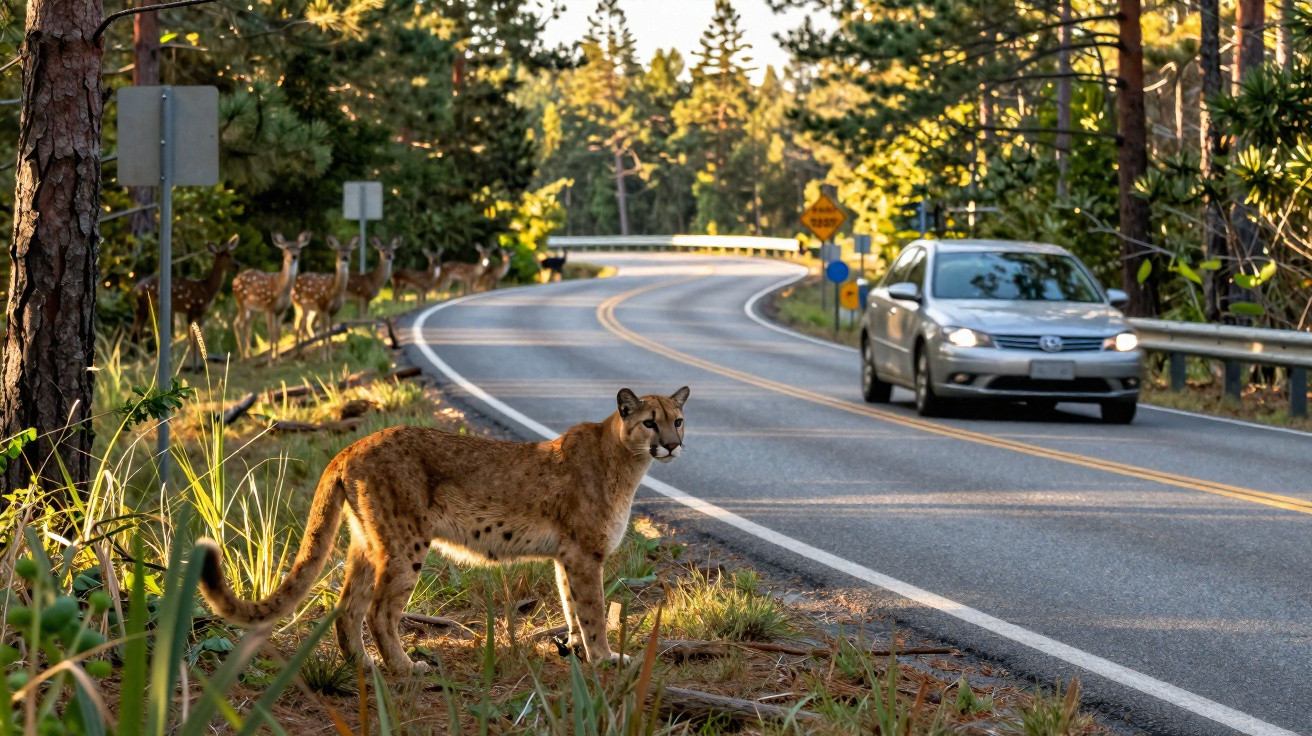 Puma perto da berma da estrada com um carro a aproximar-se e veados ao longe numa área florestal.