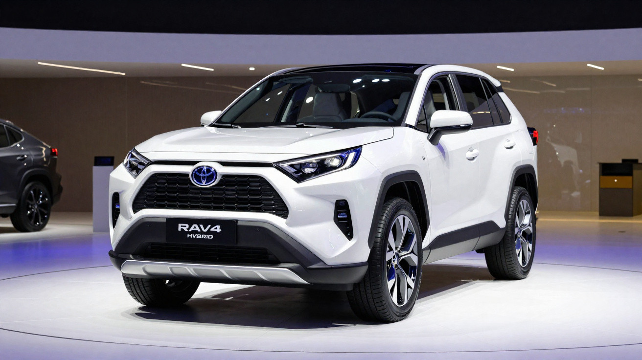 Carro Toyota RAV4 Hybrid branco exposto numa plataforma circular em salão de automóveis.