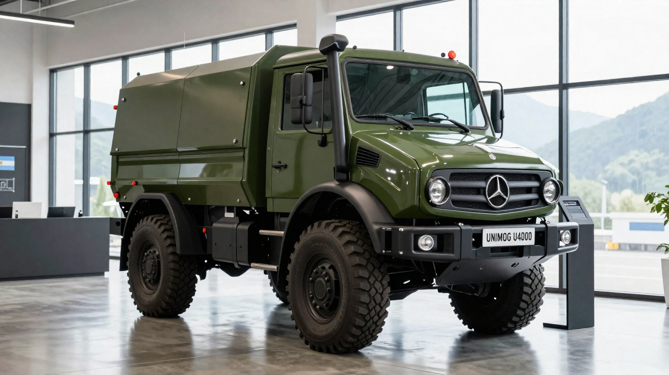 Camião militar Mercedes Unimog U4000 verde com pneus off-road exposto em showroom moderno.