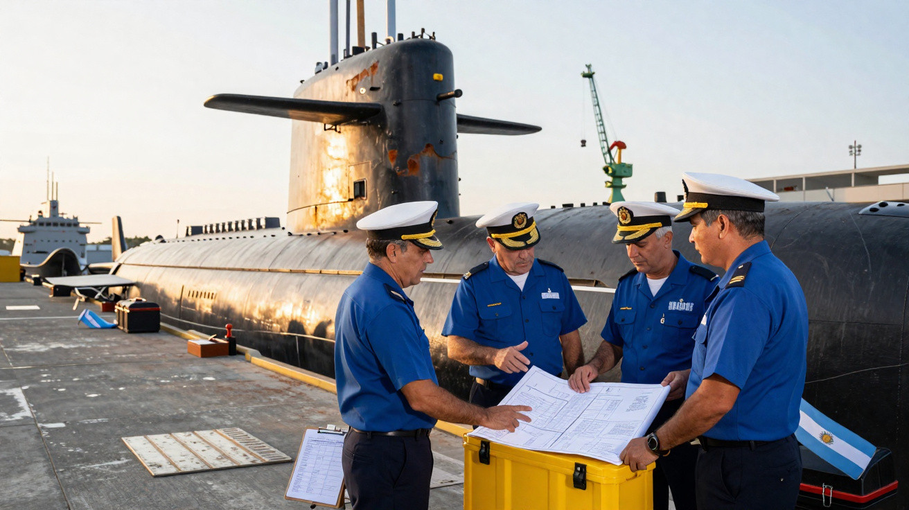 Quatro oficiais navais em uniforme azul consultam mapas junto a um submarino atracado no porto ao pôr do sol.