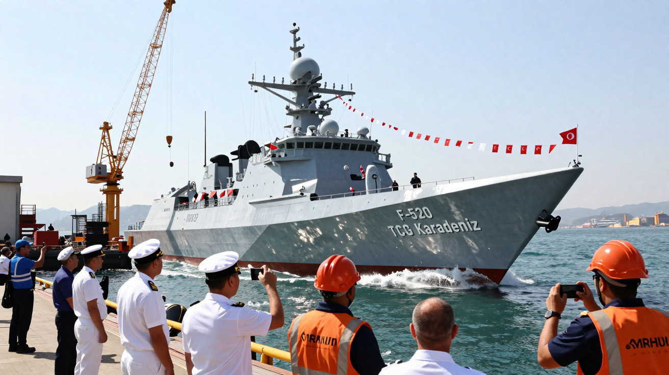 Marinheiros e trabalhadores observam e fotografam fragata militar F-520 TCG Karadeniz no porto durante lançamento.