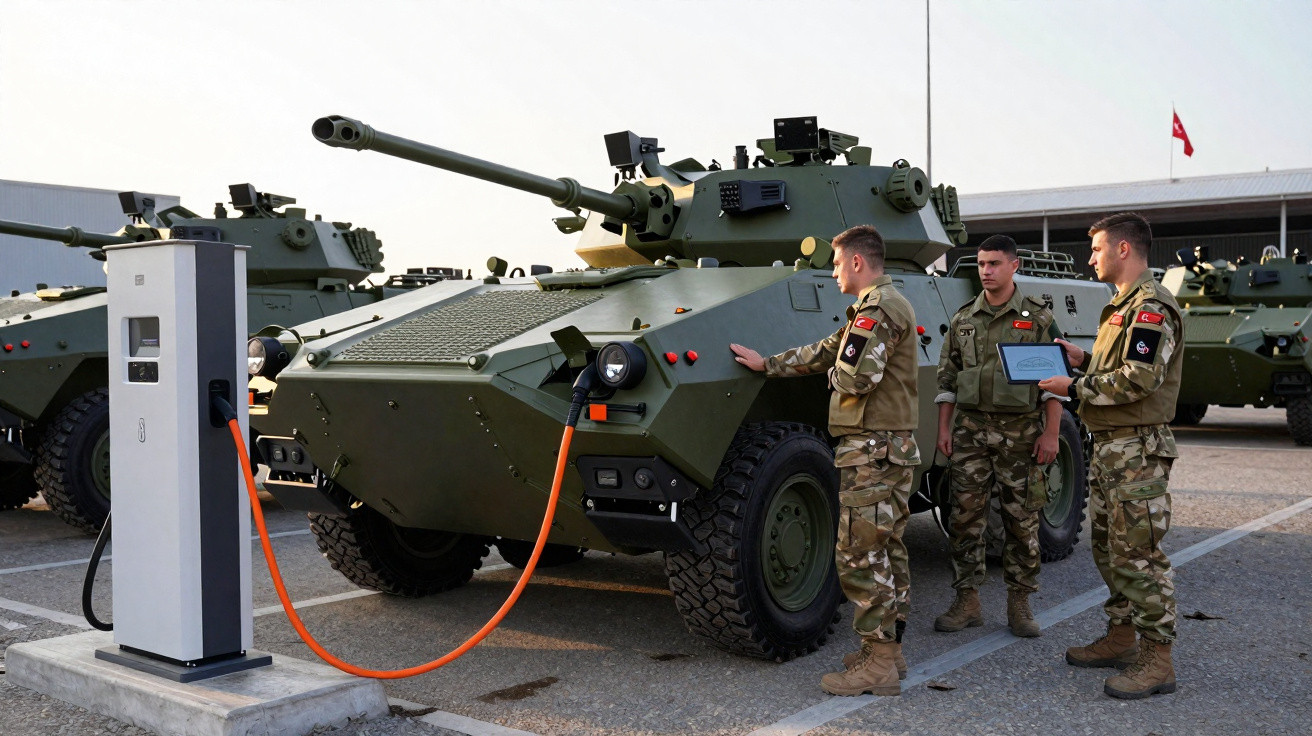Soldados militares junto a veículos blindados elétricos em carregamento numa base militar.